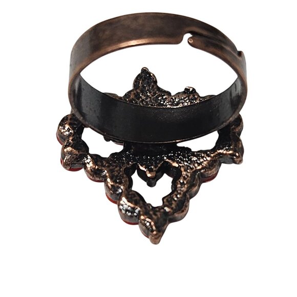 Vintage Red Beaded Ring Copper Tone Adjustable Geometric Design Retro Fashion - Picture 3 of 4